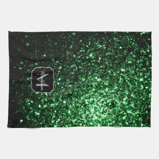 Donkergroene faux glitter sparkles Monogram Theedoek (Horizontaal)