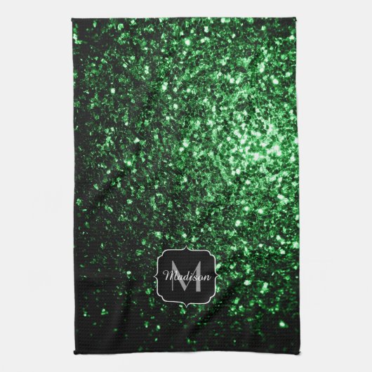 Donkergroene faux glitter sparkles Monogram Theedoek (Verticaal)