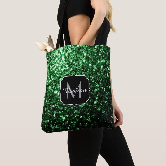Donkergroene faux glitter sparkles Monogram Tote Bag (Dichtbij)