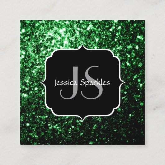 Donkergroene faux glitter sparkles Monogram Vierkante Visitekaartje (Achterkant)