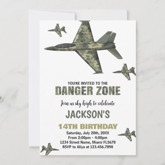 Donkergroene Fighter Jet Verjaardag Uitnodiging (Voorkant)