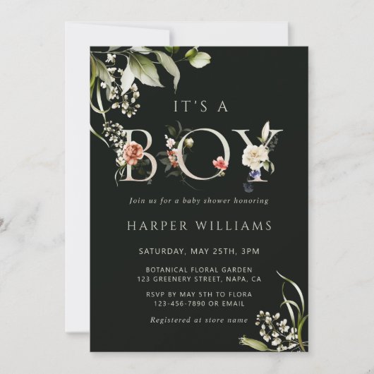Donkergroene Floral Botanical Letter Boy Baby show Kaart (Voorkant)