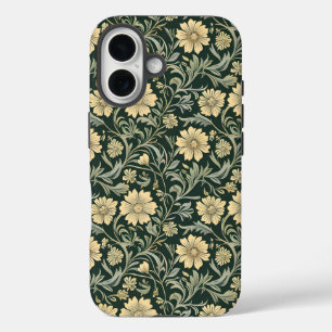 Donkergroene gestileerde gele bloemenpatroon iPhone 16 hoesje