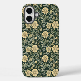 Donkergroene gestileerde gele bloemenpatroon iPhone 16 plus hoesje