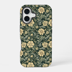 Donkergroene gestileerde gele bloemenpatroon iPhone 16 hoesje