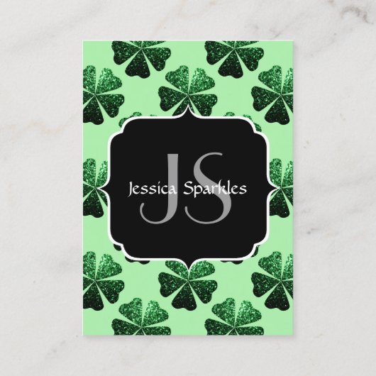 Donkergroene glinsterende klaver monogram visitekaartje (Achterkant)
