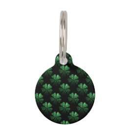 Donkergroene glinsterende Shamrock-patroon op zwar Huisdierpenning