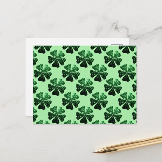 Donkergroene glitter sparren Shamrock patroon Briefkaart (Voorkant / Achterkant in situ)