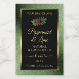 Donkergroene glitters Zwarte productlabels Lievehe Voedselcontainer Etiket