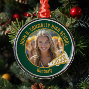 Donkergroene Goud Cheerleader Foto Kerstmis Metalen Ornament
