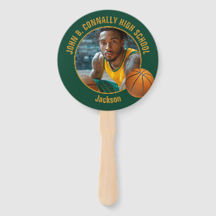 Donkergroene gouden basketbalspeler foto handwaaier