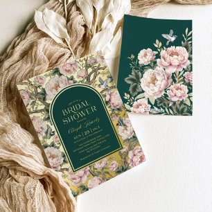 Donkergroene gouden chinoiserie bloemen bruiloftsf folie uitnodiging