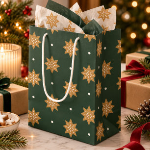Donkergroene gouden sneeuwvlokken Elegante Kerstmi Medium Cadeauzakje