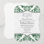 Donkergroene grijze Damask Bracket Wedding Invite Kaart (Voorkant / Achterkant)
