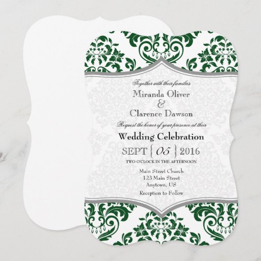 Donkergroene grijze Damask Bracket Wedding Invite Kaart (Voorkant / Achterkant)