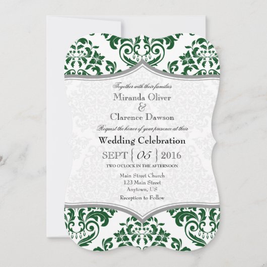 Donkergroene grijze Damask Bracket Wedding Invite Kaart (Voorkant)