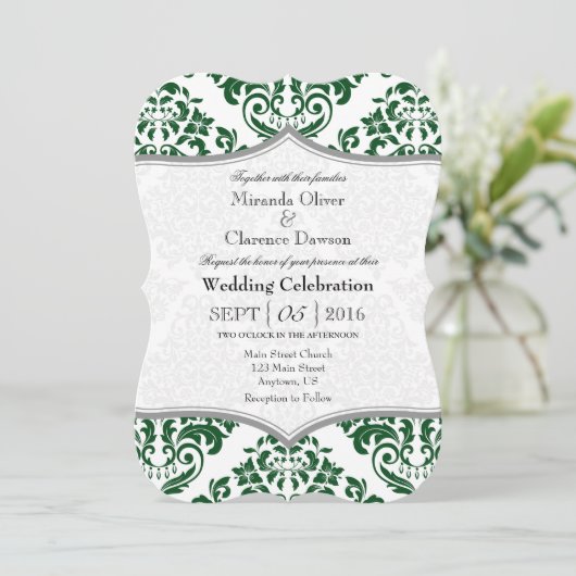 Donkergroene grijze Damask Bracket Wedding Invite Kaart