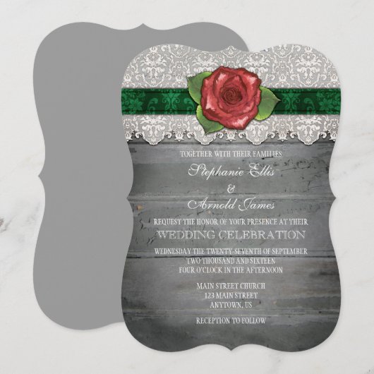 Donkergroene grijze Rustic Wood Roos Wedding Invit Kaart (Voorkant / Achterkant)