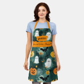 Donkergroene Halloween met geesten, pompoenen, vle Schort (Gedragen)