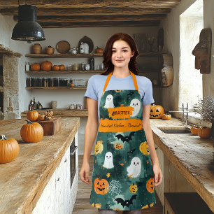 Donkergroene Halloween met geesten, pompoenen, vle Schort