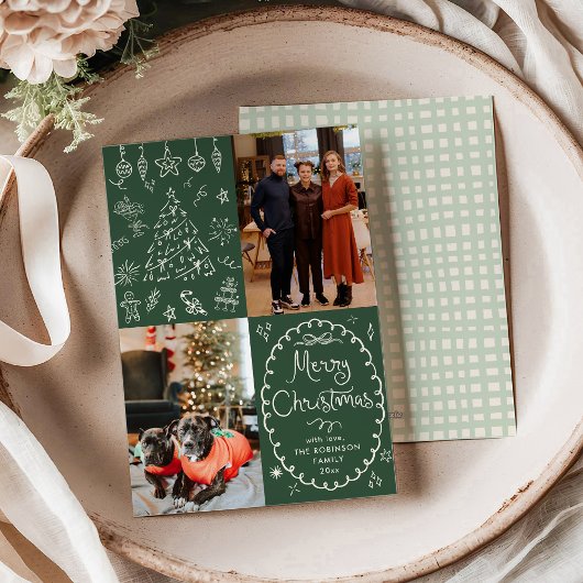 Donkergroene hand getekend Vrolijk Kerstfeest 2 Fo Feestdagenkaart