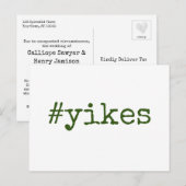 Donkergroene hashtag Yikes Postponed Wedding Briefkaart (Voorkant / Achterkant)