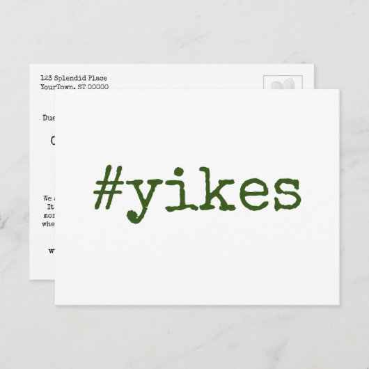 Donkergroene hashtag Yikes Postponed Wedding Briefkaart (Voorkant / Achterkant)