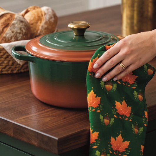 Donkergroene Herfst Esdoornblad & Eikel Theedoek