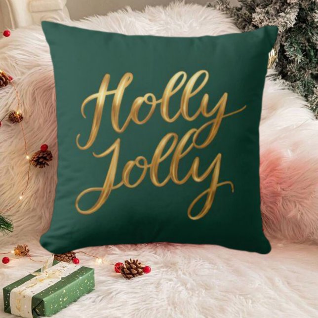 Donkergroene Holly Jolly - Gold Script Vakantie De Kussen (Dark Green Holly Jolly - Gold Script Holiday Decor Throw Pillow)