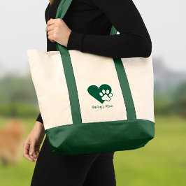 Donkergroene hond of kat poot hart monogram tote bag