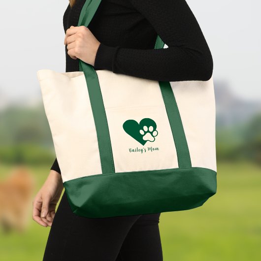 Donkergroene hond of kat poot hart monogram tote bag