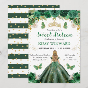 Donkergroene jurk Blonde prinses Sweet 16 Kaart