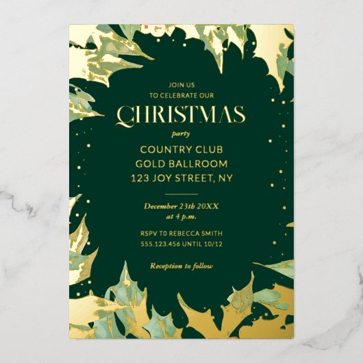 Donkergroene Kerstvakantie Luxe Hulstbes Folie Uitnodiging (Voorkant)