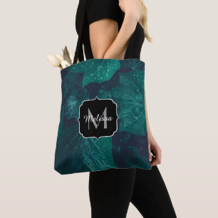 Donkergroene klimopbladeren waterdruppels Monogram Tote Bag