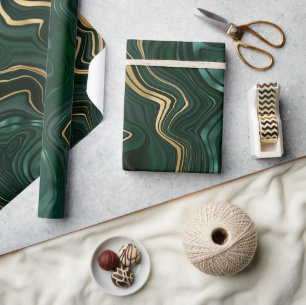 Donkergroene malachite en goudflaag-vining cadeaupapier