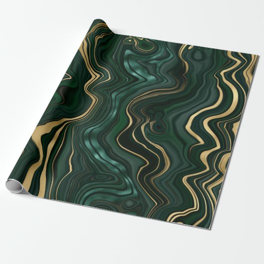 Donkergroene malachite en goudflaag-vining cadeaupapier (Uitgerold)