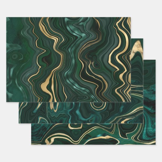 Donkergroene malachite en goudflaag-vining inpakpapier vel (Set)