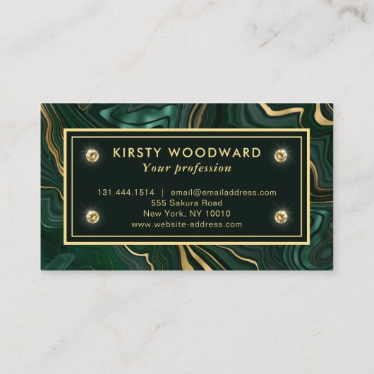 Donkergroene malachite en goudflaag-vining visitekaartje (Achterkant)