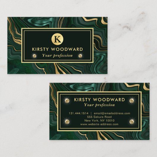 Donkergroene malachite en goudflaag-vining visitekaartje (Voorkant / Achterkant)