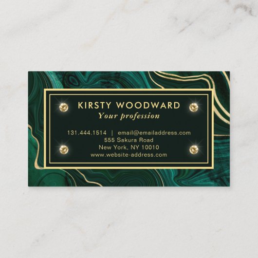 Donkergroene malachite en goudflaag-vining visitekaartje (Achterkant)