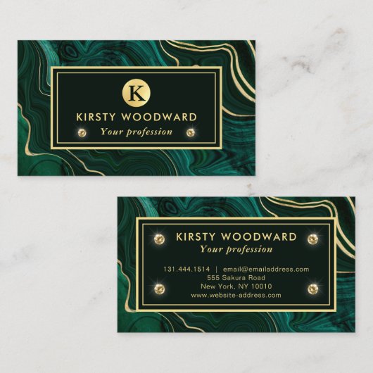 Donkergroene malachite en goudflaag-vining visitekaartje (Voorkant / Achterkant)