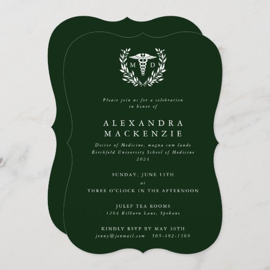 Donkergroene MD Caduceus+Laurel Wreated Afstuderen Kaart (Voorkant / Achterkant)