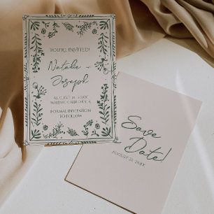 Donkergroene met de hand getekende bloementuin boh save the date