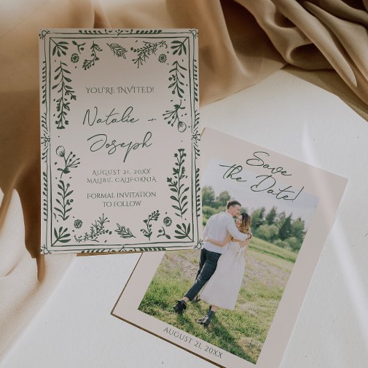 Donkergroene met de hand getekende bloementuin fot save the date