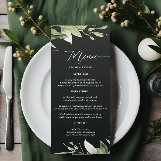 Donkergroene Moderne Groene Bladeren Bruiloft Menu
