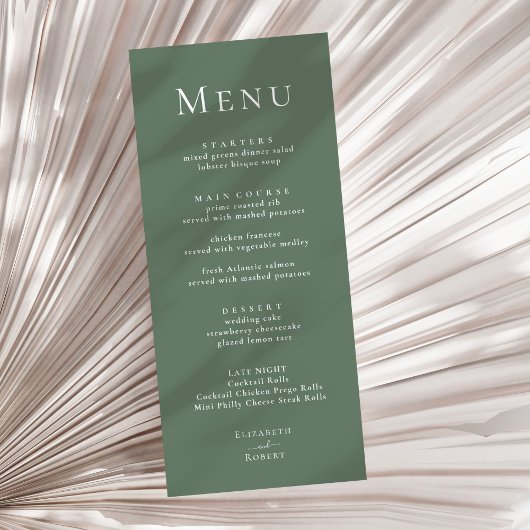 Donkergroene Moderne Minimalistische Trouwmenu Menu