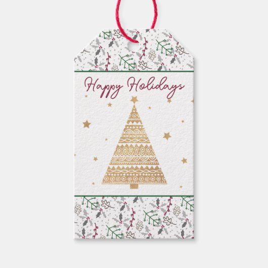 Donkergroene naalden rode holly Berries Patroon Cadeaulabel (Voorkant)