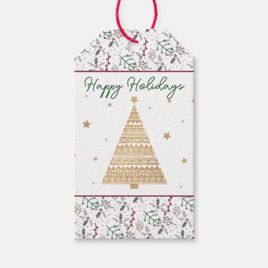 Donkergroene naalden rode holly Berries Patroon Cadeaulabel (Voorkant)