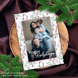 Donkergroene naalden rode holly Berries Patroon Feestdagenkaart