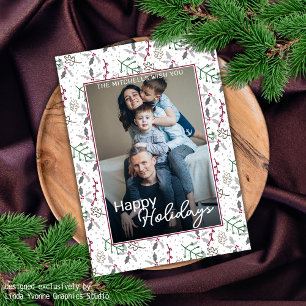 Donkergroene naalden rode holly Berries Patroon Feestdagenkaart